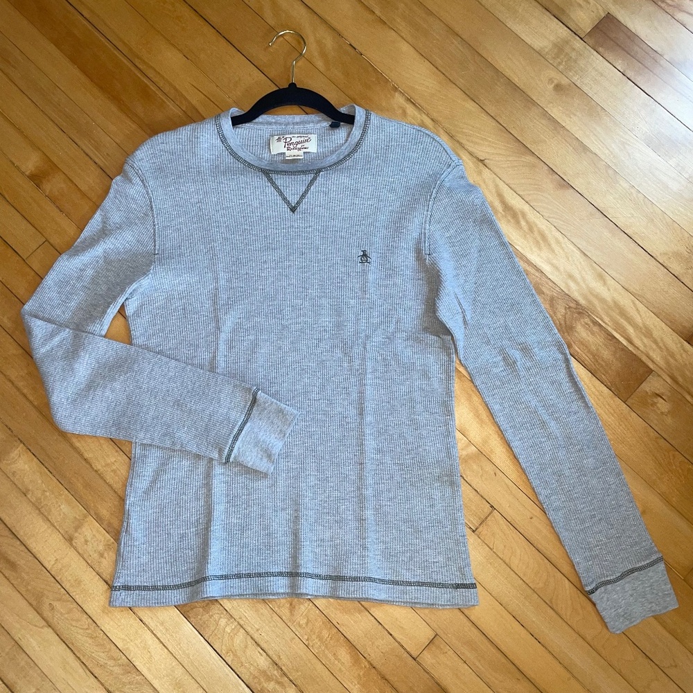 ORIGINAL PENGUIN Long Sleeve Thermal Waffle Shirt Top Gray Lounge Casual